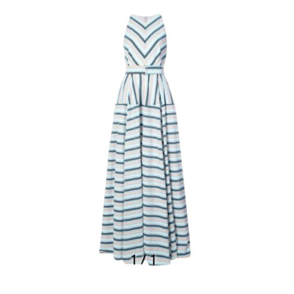 Lela Rose Capitol Xx Maxi Gown Dress Womens 4 Blue Gray V-Neck Sleeveless Belted